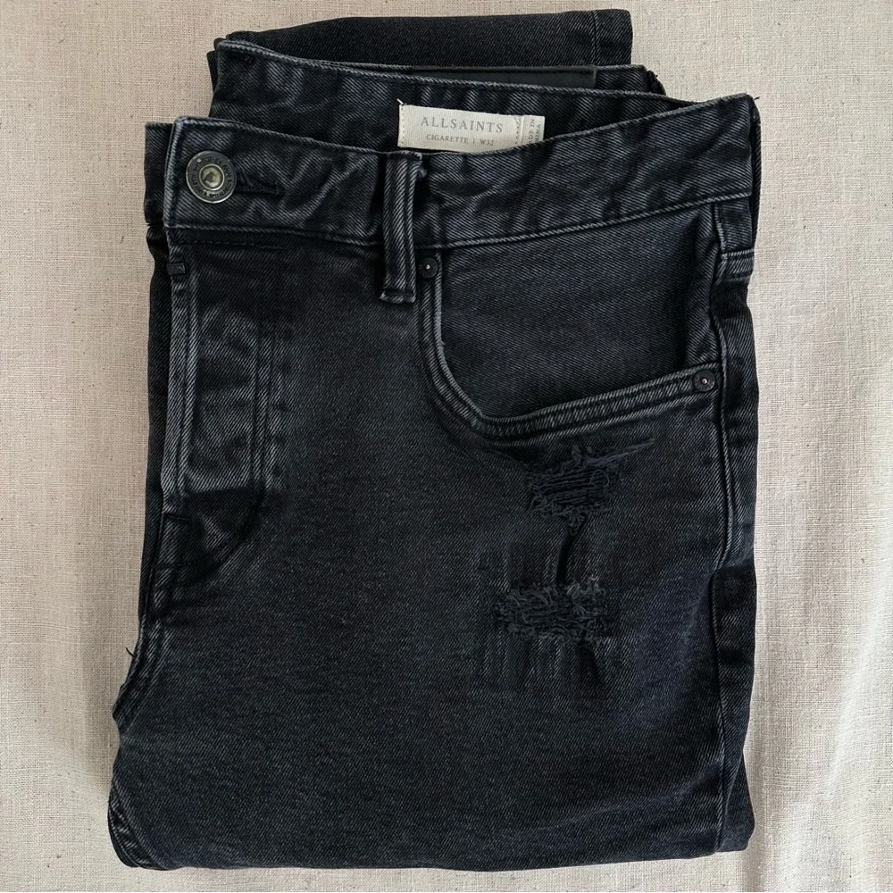 All Saints Cigarette Skinny Damaged Denim Cotton Black Jeans